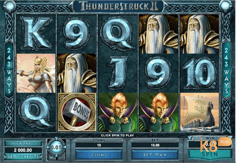 Thunderstruck ii slot có thiết kế 5x3 đơn giản