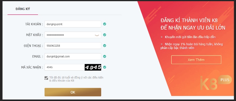 Giao diện đăng ký tài khoản K8