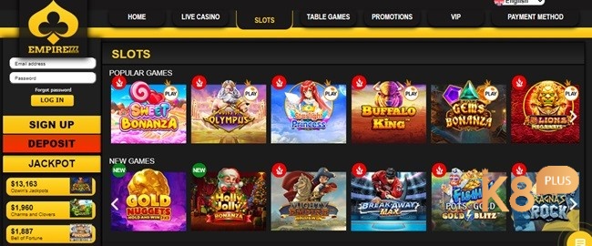 Sảnh Slots đa dạng các trò chơi quay thưởng như Fruit Loot, Aztec Gem, Sinbad