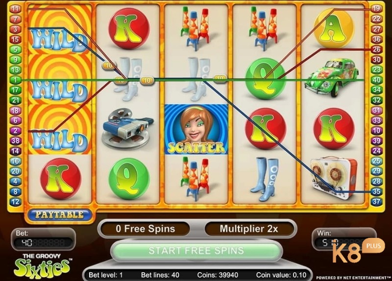 Groovy Sixties slot được thiết kế với chủ đề về thập niên 60 cùng các biểu tượng cổ điển