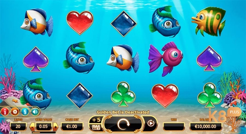 Giao diện chính của slot game Golden Fish Tank với các biểu tượng tại đại dương đặc trưng