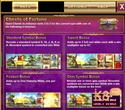 Bạn có bốn tuỳ chọn trong Chest of Fortunes là Standard Symbol Bonus, Sword Bonus, Fireball Bonus, Gem Symbol Bonus