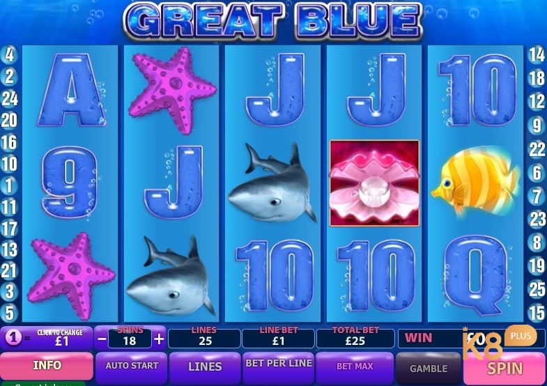 Giao diện chính của slot game Blue với các biểu tượng đại dương đặc trưng